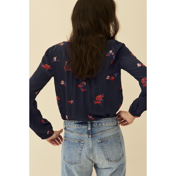 Ba&sh Carly Blouse Top Wrap Dark Blue Floral Printed Flowy Long Sleeve S 251853 - Picture 2 of 7